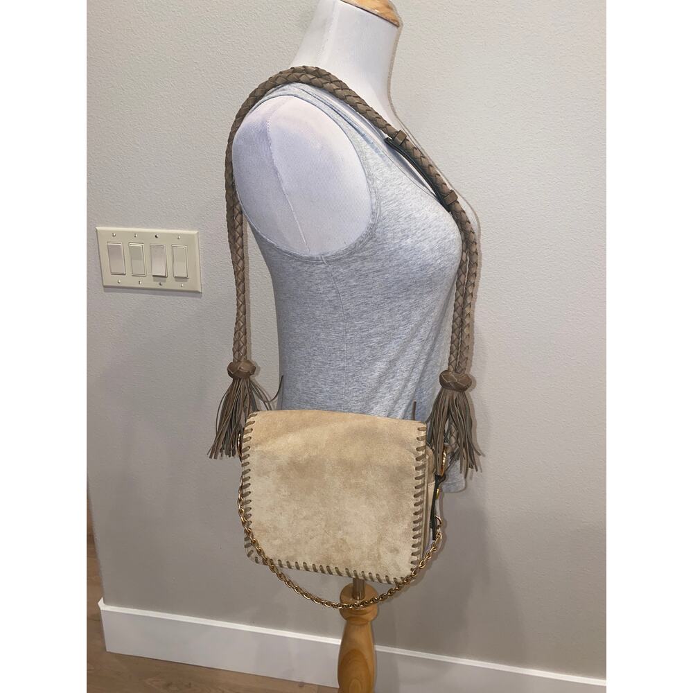 Mayle Suede Purse Bag Leather Whip Stitch Fringe Tassel Beige Braided Strap
